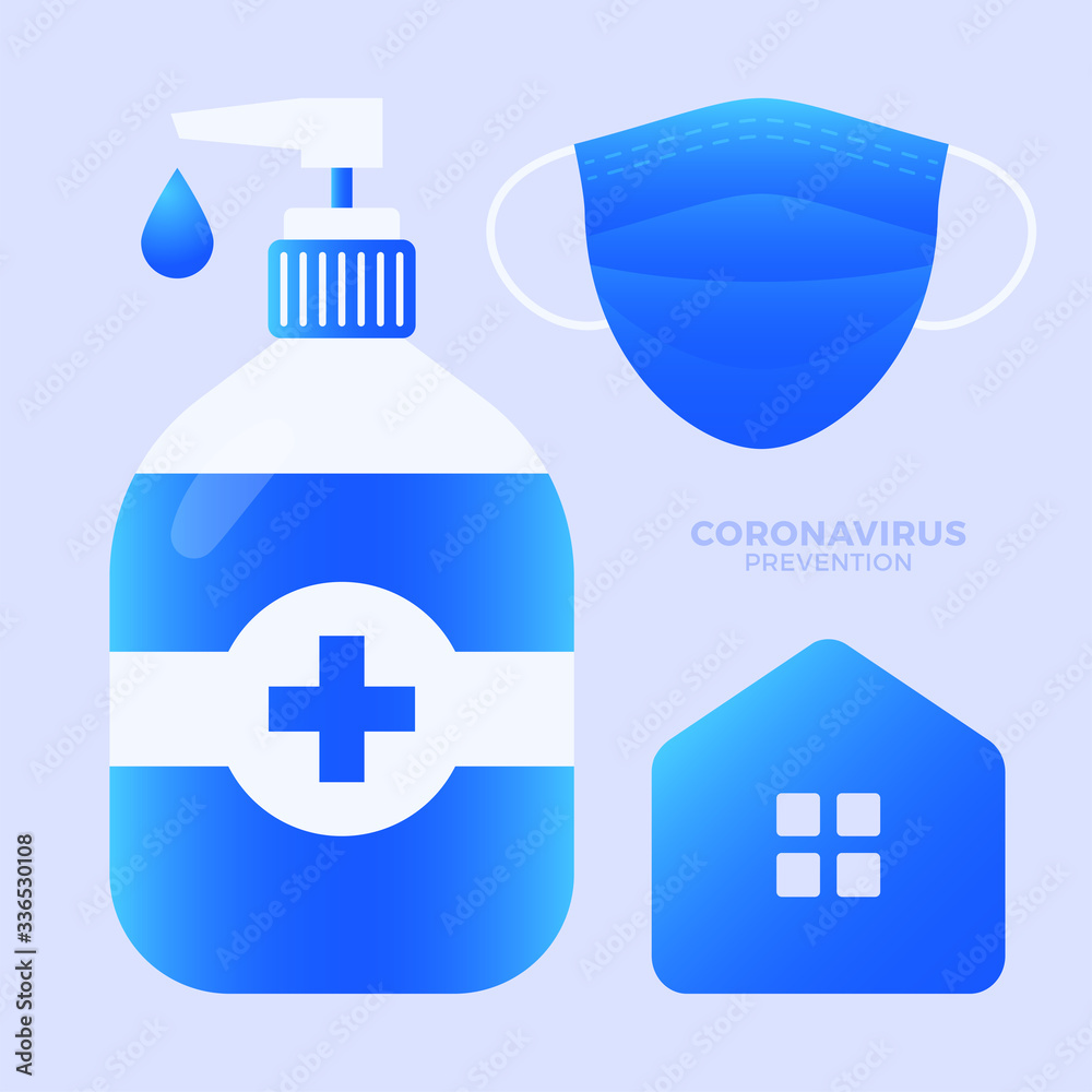 Prevention of COVID-19 all in one icon set vector illustration. Coronavirus protection icon set collection. Stay at home, use face mask, use hand sanitizer Prevention of COVID-19 all in one icon set vector illustration. Coronavirus protection icon set collection. Stay at home, use face mask, use hand sanitizer