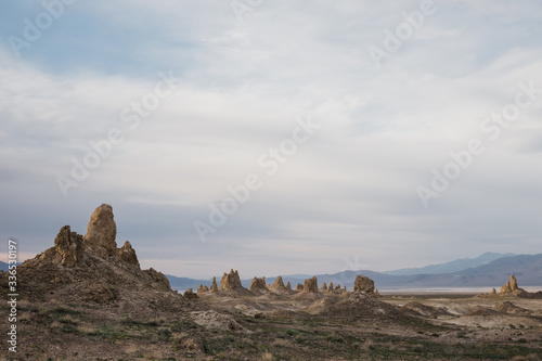 Thick clouds and tufa formations at Trona Pinnacles  California 