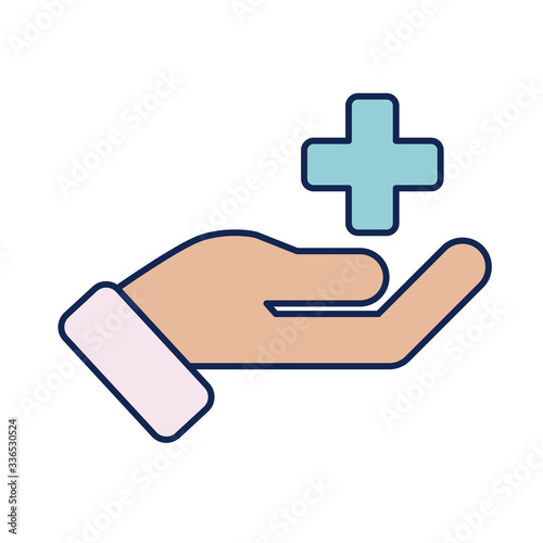 medical cross in hand, line and fill style icon