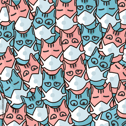 Coronavirus in China and around the world. New coronavirus (2019-nKoV), cute cats in a white medical mask. Masked multi-colored cartoon cats. Quarantine background. Coronavirus concept cartoon vector