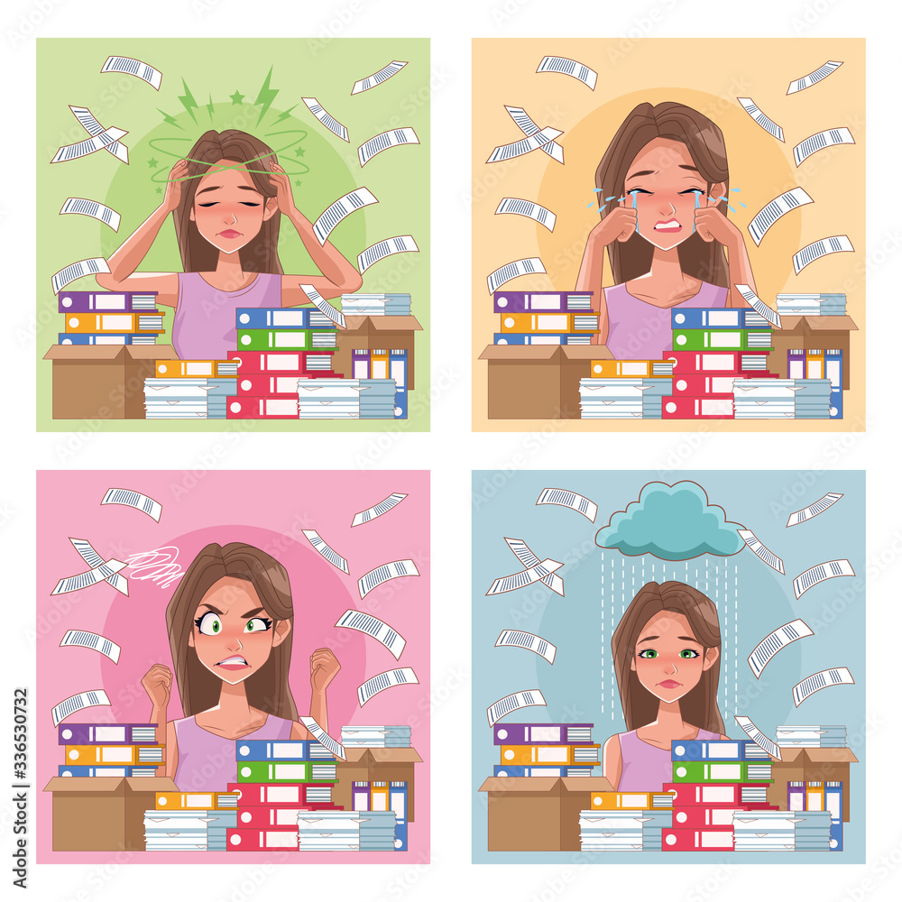 group of women with stress symptoms and pile documents group of women with stress symptoms and pile documents