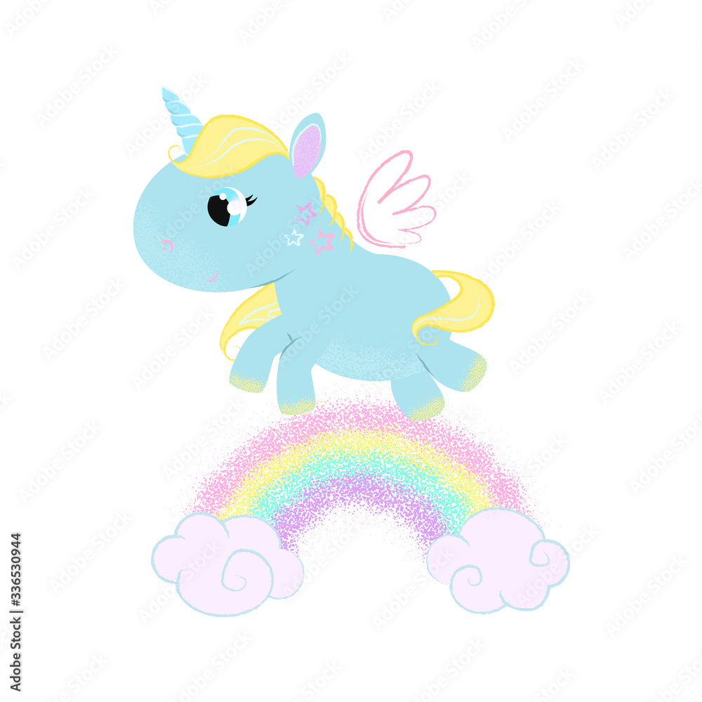 Cute baby unicorn with galloping along rainbow. Magic concept. illustration can be used for topics like fairytale, children, myth, fantasy