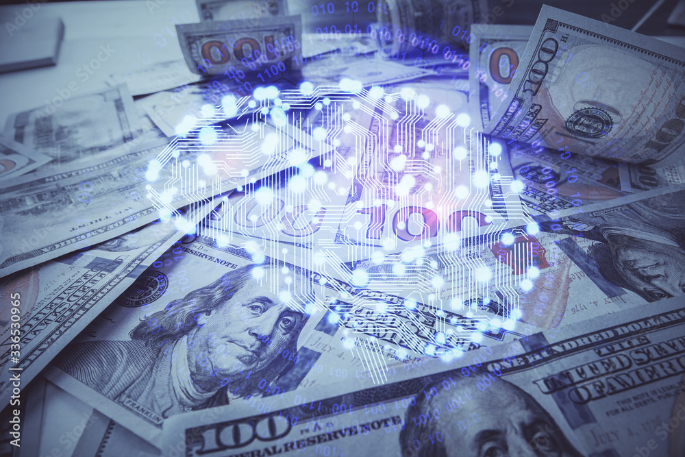 Double exposure of brain drawing over us dollars bill background. Technology concept.
