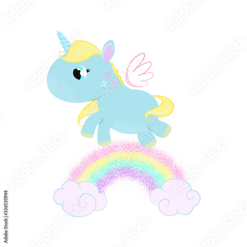 Cute baby unicorn with galloping along rainbow. Magic concept. illustration can be used for topics like fairytale, children, myth, fantasy