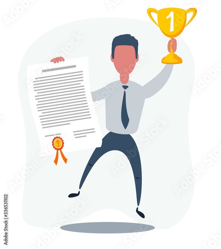 Vector illustration of businessman proudly standing and holding up winning trophy and showing an award certificate. Flat style