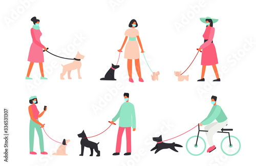 Vector illustration set of people wearing medical protection masks, people walking with dogs outside. Protection, virus, workout with dog outside concept in flat cartoon style