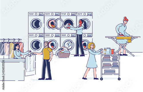 Laundry Concept. People Give To The Dry Cleaner, Wash And Iron Their Clothes And Things In Laundry. Self Service And Modern Interior With Equipment. Cartoon Linear Outline Flat Vector Illustration