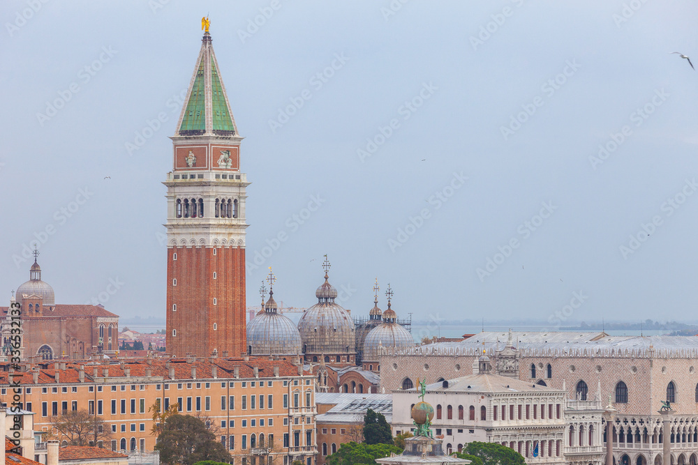 Aerial panorama San Marco bell tower and domes, Venice, Italy