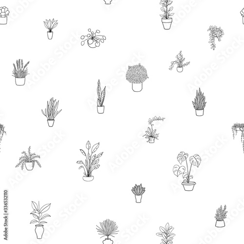 Black and white seamless pattern with house plants
