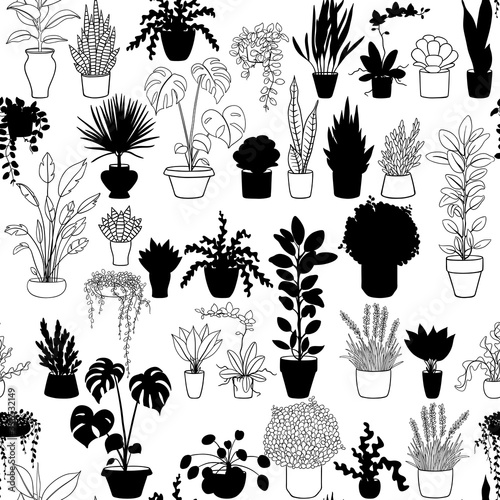 Black and white seamless pattern with house plants