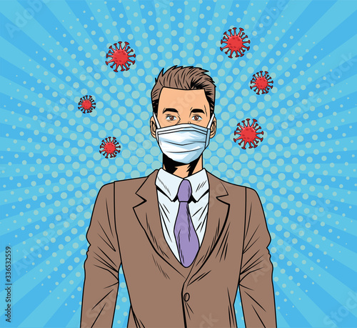 businessman using face mask and covid19 particles pop art style