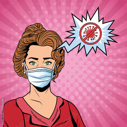 woman using face mask and stop covid19 message