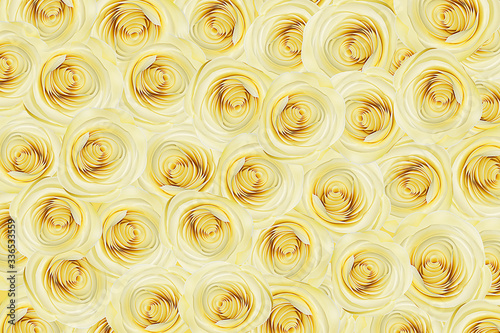 Creative pattern with paper rose flower on pastel color background.