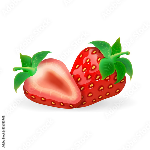 Realistic 3d vector isolated, whole strawberry and slice of strawberry Vector illustration for decorative poster, logo natural product, farmers market. Website page and mobile app design.