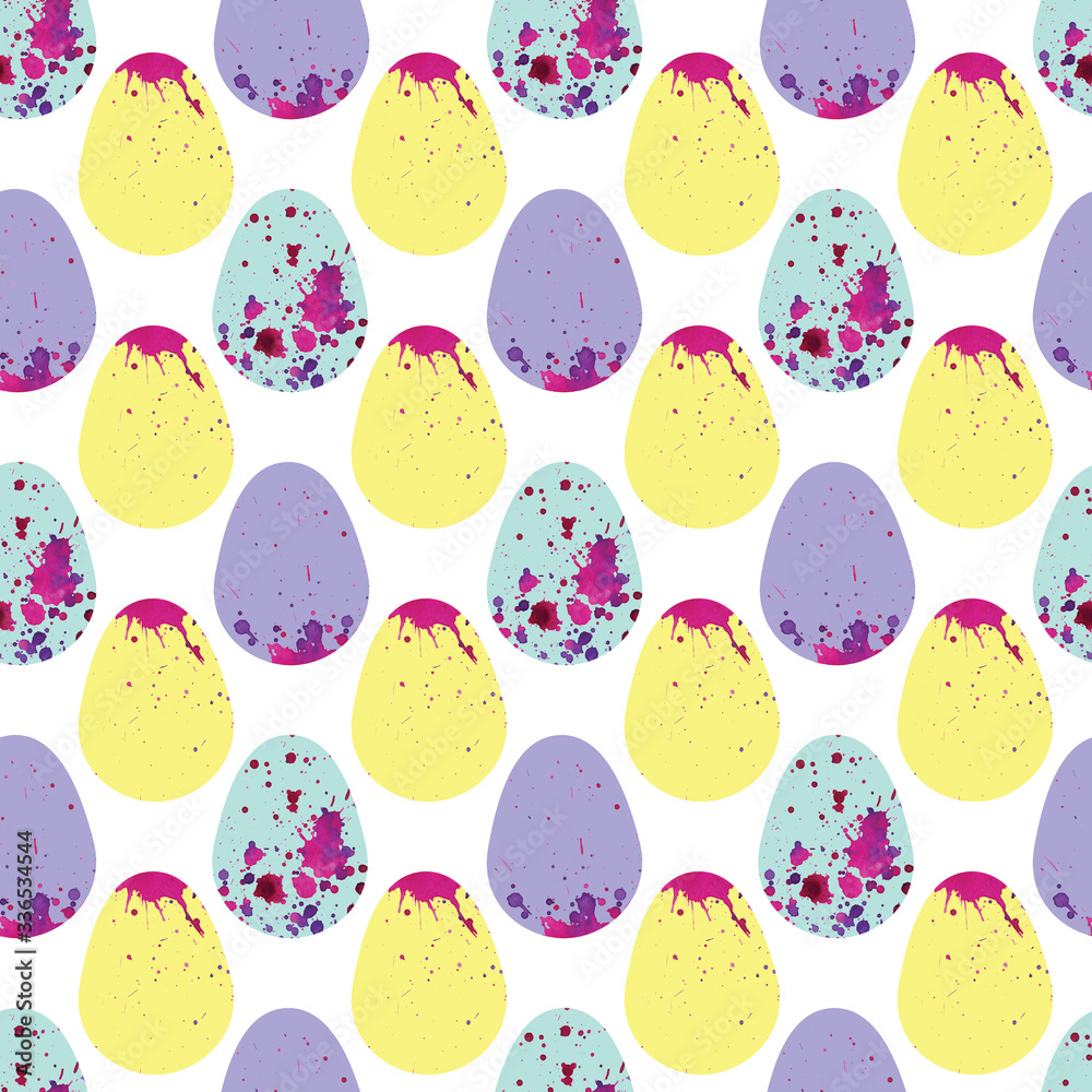 Watercolor Easter eggs seamless pattern. Spotted eggs. Pastel colored background. Hand drawn Illustration for greeting cards, textile, wrapping paper