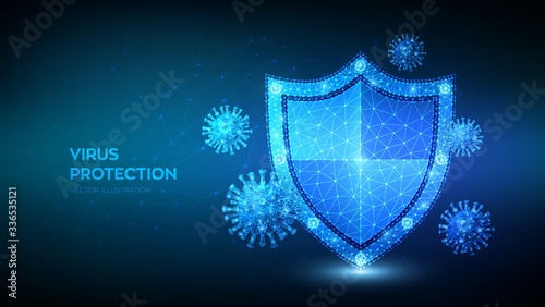 Virus protection. Low polygonal shield and Covid-19 virus cells. Coronavirus 2019-nCoV safety concept. Microbiology and medicine. Antibiotic, vaccination against coronavirus. Vector illustration.