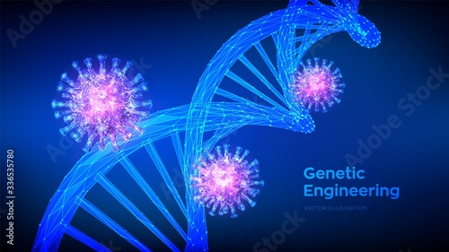 DNA sequence and COVID-19 infection virus cells. Abstract novel coronavirus 2019-nCov bacteria. DNA molecules structure mesh. Pandemic risk medical background. Low polygonal vector illustration.