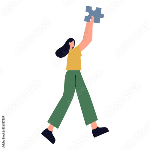 Woman running with puzzle piece. Woman holding a puzzle as a decision to a problem. Co working and business partnership concept. Business problem solving concept. Flat vector illustration