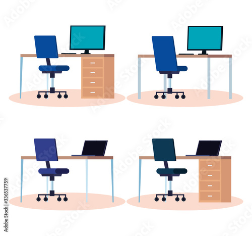 set of workplaces with desks and chairs vector illustration design