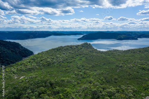 Aerial view of hills, forest and river