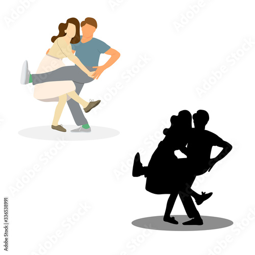 Dancing people silhouettes on white background. People in 1940s or 1950s style. Men and women on swing, jazz, lindy hop or boogie woogie party. Vector illustration.
