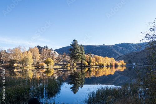 shoreline of crystal blue lake mirrorning autumn leaves