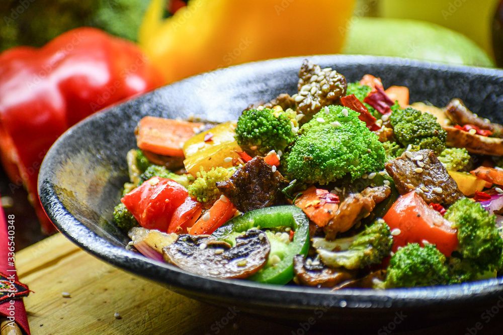 Stir fried vegetable with mushroom and beef Stir fried vegetable with mushroom and beef