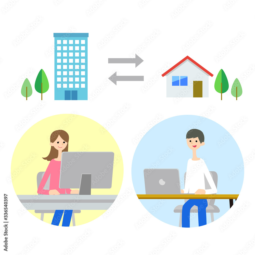 会社と自宅でリモートワークするイラスト Stock Vector Adobe Stock