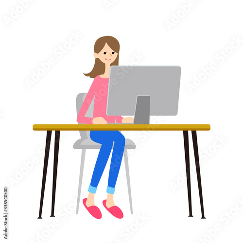 リモートワークをする女性のイラスト