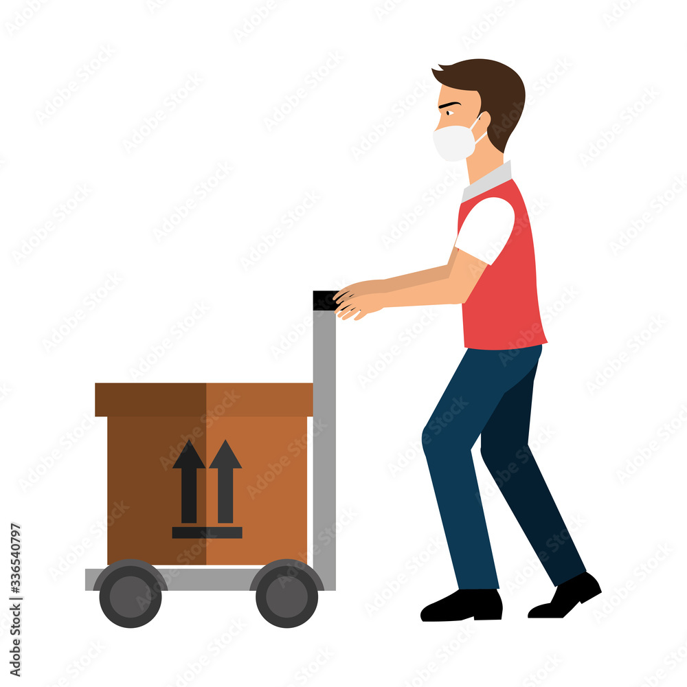 delivery worker using face mask with box carton in wheelbarrow vector illustration design delivery worker using face mask with box carton in wheelbarrow vector illustration design