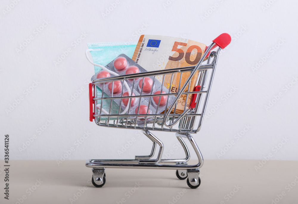 Medical mask, euro money and pills in shopping cart, Coronavirus concept protect