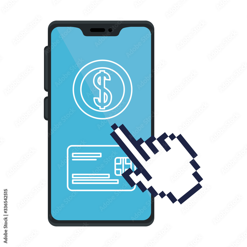 Coin and credit card inside smartphone of money financial item banking commerce market payment buy currency accounting and invest theme Vector illustration Coin and credit card inside smartphone of money financial item banking commerce market payment buy currency accounting and invest theme Vector illustration