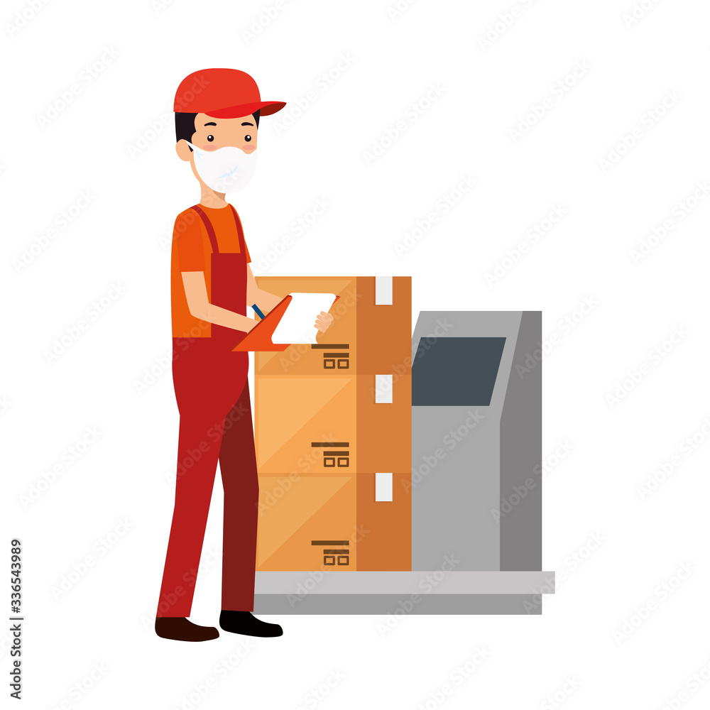 delivery worker using face mask with boxes carton in weighing machine vector illustration design delivery worker using face mask with boxes carton in weighing machine vector illustration design