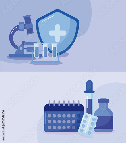 poster with vaccination icons and health, medical immunization