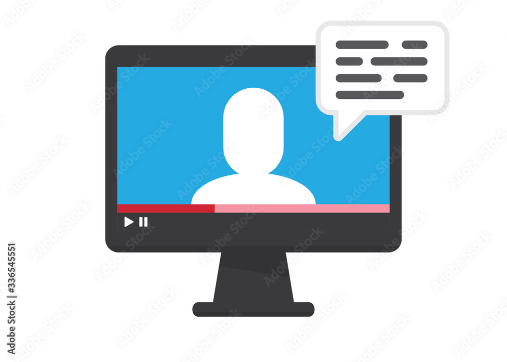 Computer screen with teacher talking, online education class. Video player class streaming illustration. Learn from home concept, broadcasting presentation. Computer screen with teacher talking, online education class. Video player class streaming illustration. Learn from home concept, broadcasting presentation.