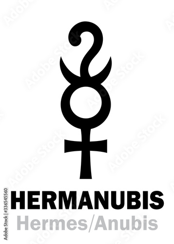 Astrology Alphabet: HERMANUBIS (Hermes+Anubis), the Greek-Egyptian syncretic deity of Truth, the conductor of souls to The Underworld. Hieroglyphic character sign (original symbol).
