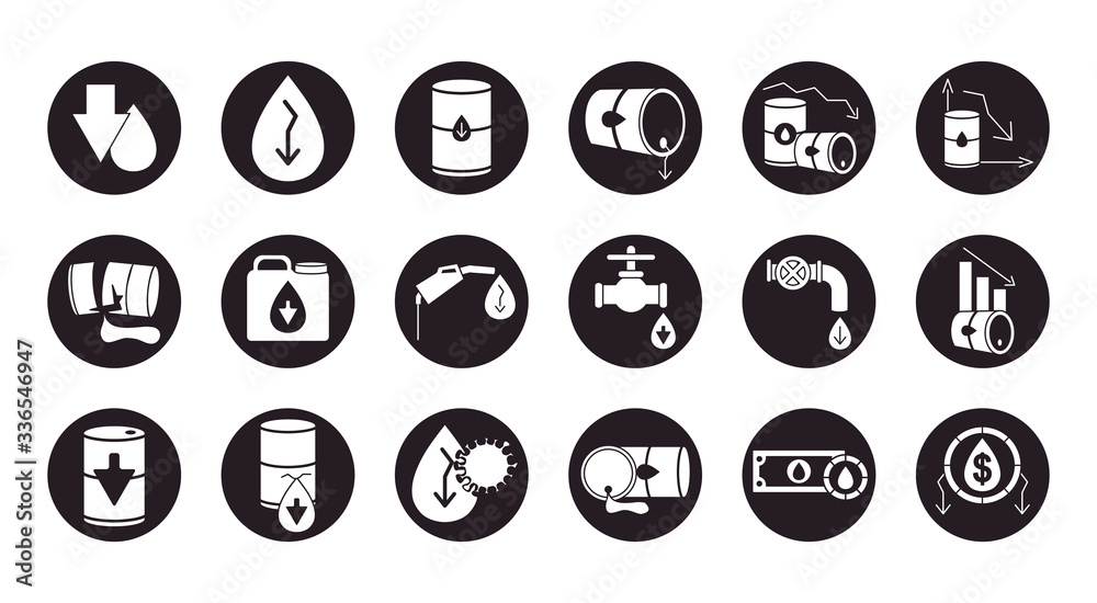 oil barrels and oil crash icon set, silhouette style oil barrels and oil crash icon set, silhouette style