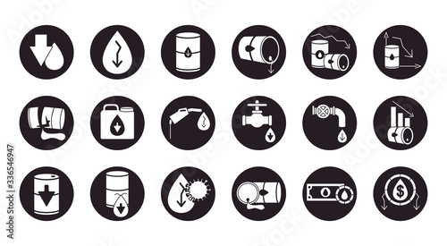 oil barrels and oil crash icon set, silhouette style