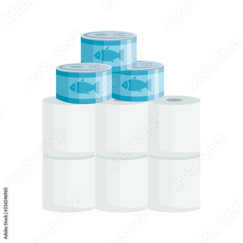 set of cans tuna food with set of toilet paper vector illustration design