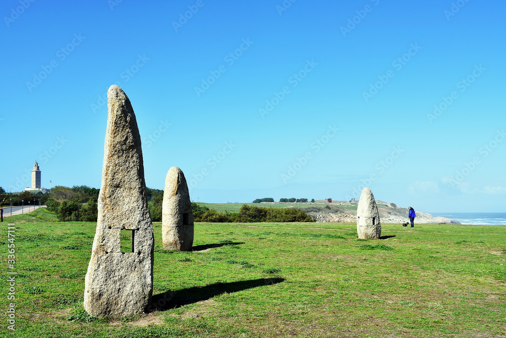 Menhirs of the Sculpture Park of the Tower of Hercules in La Coruña, Galicia. Spain. Europe. October 9, 2019
