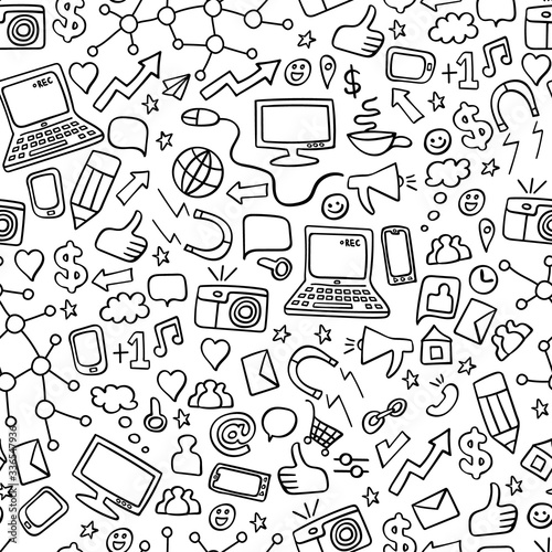 Social media doodles seamless pattern. Computer technology hand drawn background. Vector illustration.