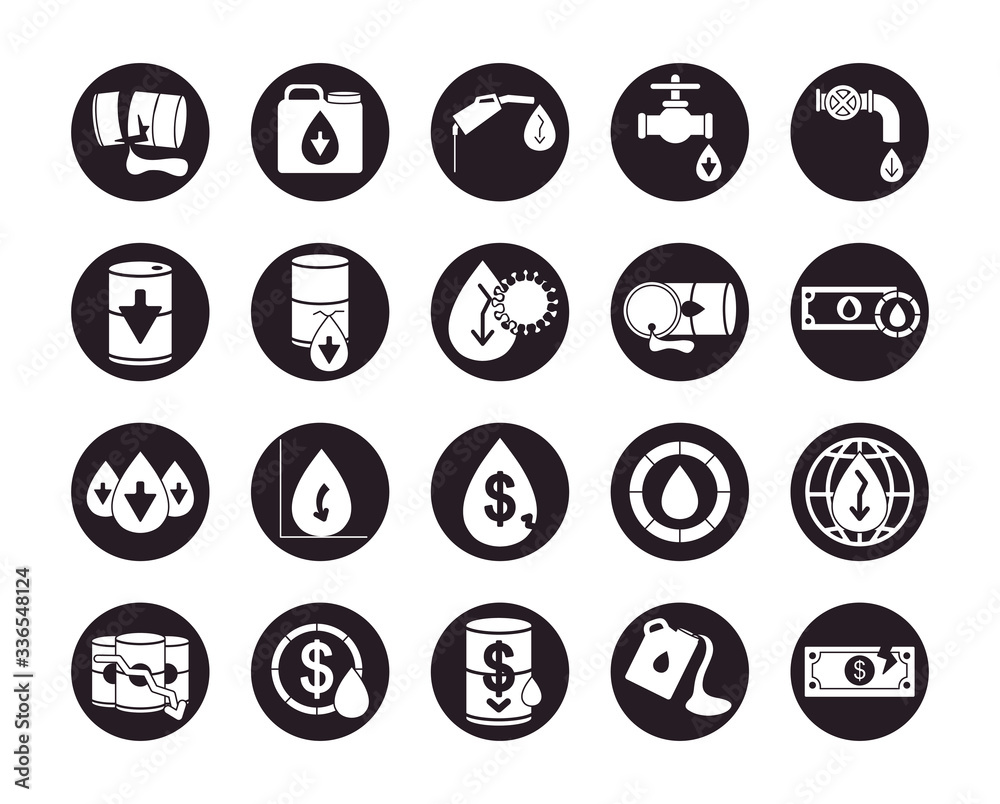 oil faucets and oil crash icon set, silhouette style oil faucets and oil crash icon set, silhouette style