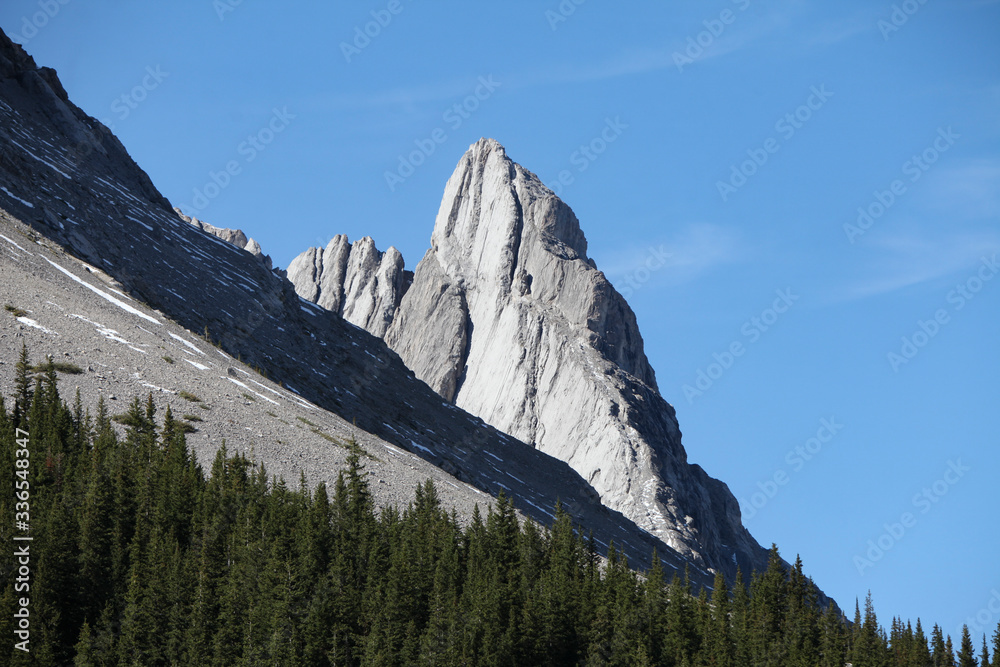 A mountain top jutting out behind another mountain near a forest of conifers.