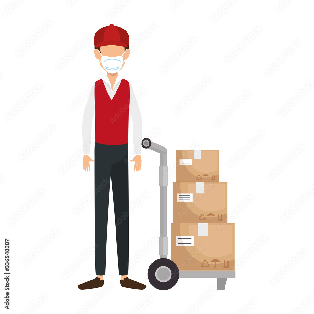 delivery worker using face mask with boxes carton in wheelbarrow vector illustration design delivery worker using face mask with boxes carton in wheelbarrow vector illustration design