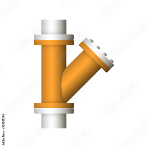 Pipe vector. Connection by flange fitting. For pipeline construction to transport liquid or gas in industry i.e. crude, oil, natural gas. Also water supply infrastructure in plumbing and irrigation.