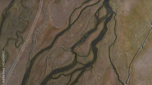 River meandering in Altai Mountains, western Mongolia, aerial tilt up reveal photo