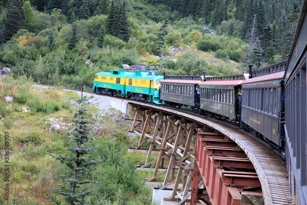 Skagway, Alaska / USA - August 10, 2019: White pass train, Skagway, Alaska, USA Skagway, Alaska / USA - August 10, 2019: White pass train, Skagway, Alaska, USA