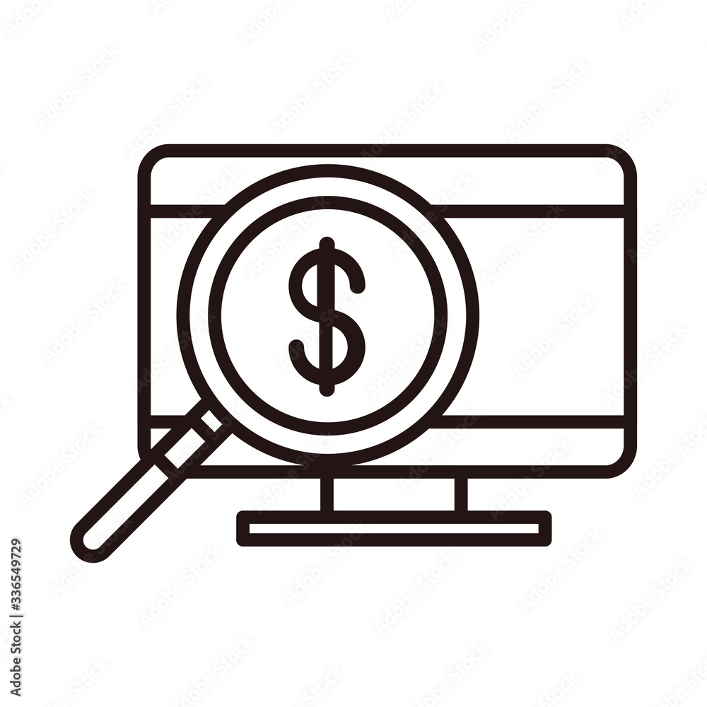 computer money magnifier analysis shopping or payment mobile banking line style icon computer money magnifier analysis shopping or payment mobile banking line style icon