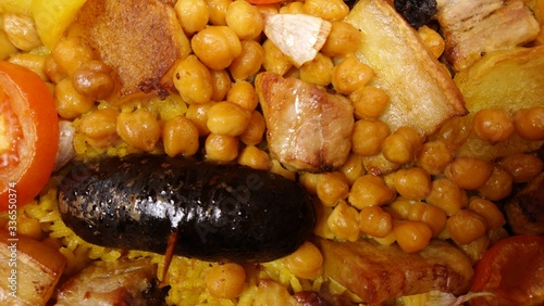 Close-up of baked rice , typical Valencian dish photo