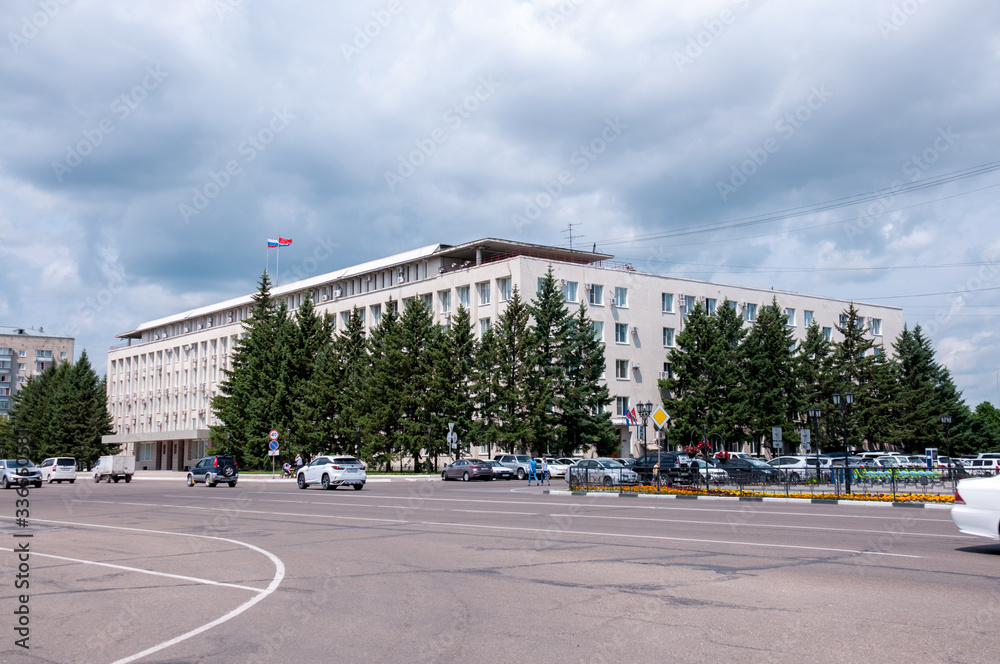 Russia, Blagoveshchensk, July 2019: the government building of the Amur region in the city center in Blagoveshchensk in summer